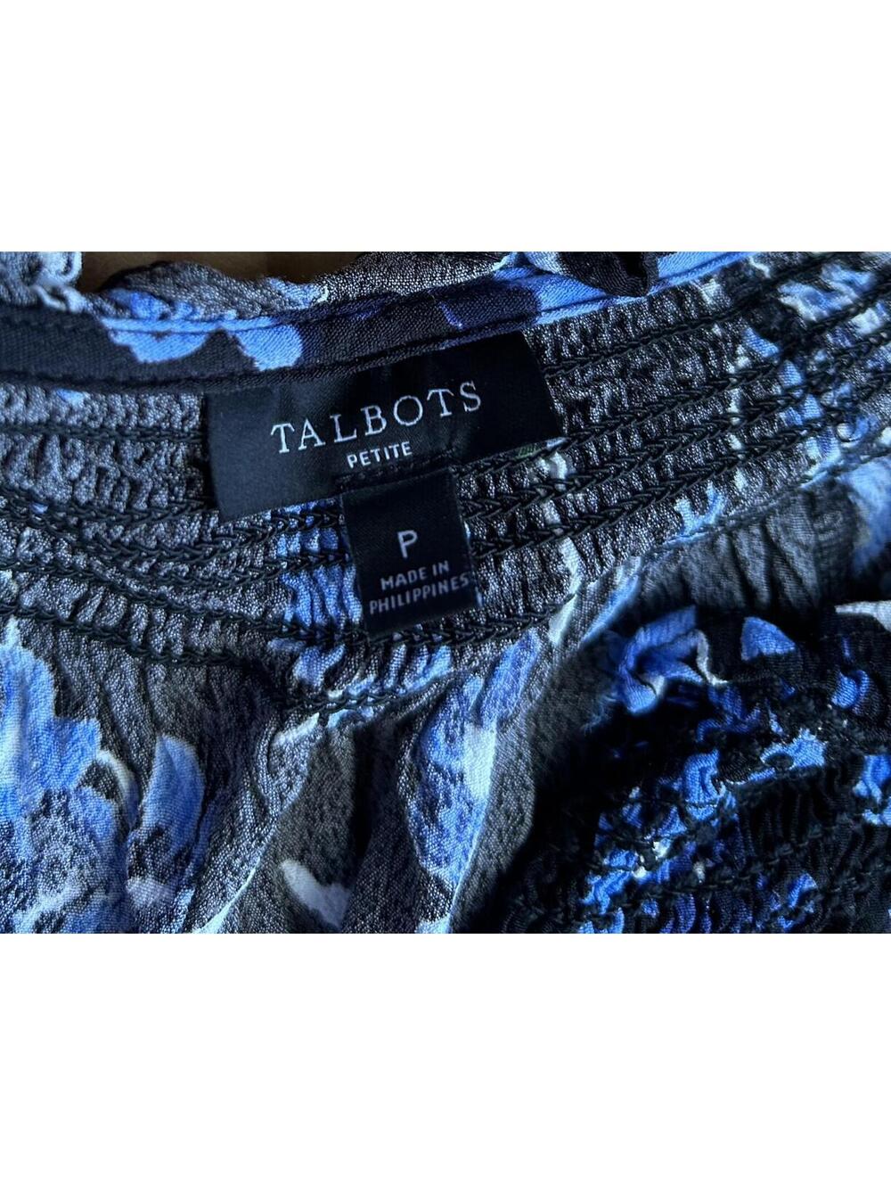 Talbots Petite P Black Blue Floral Smocked Midi Dress 3/4 Sleeve V Neck - Picture 5 of 6